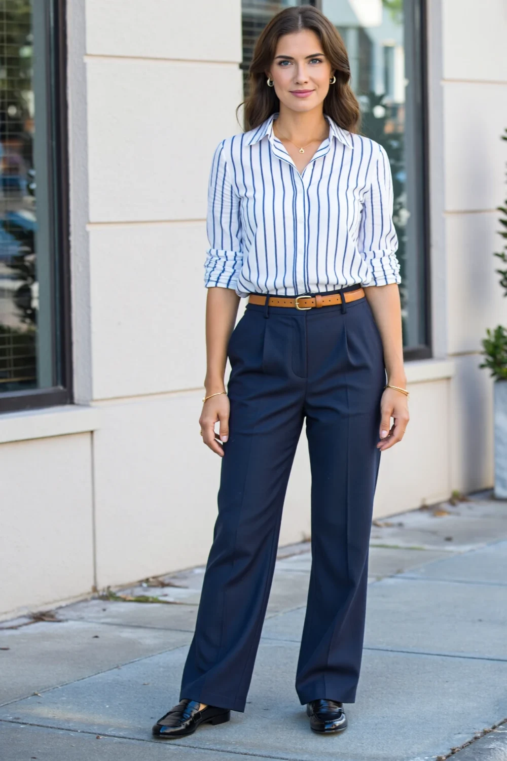 Woman in blue-striped shirt, navy trousers, tan belt, and loafers, styled for a crisp nautical office-ready look outdoors