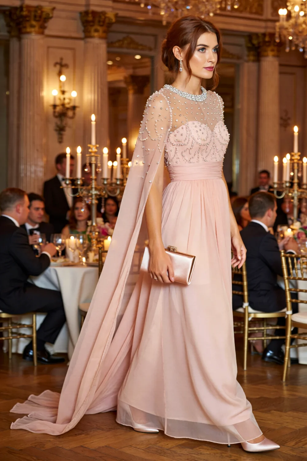 Blush chiffon cape gown with crystal beaded collar, sheer sleeves, empire waist, and flowing skirt at a formal evening gala