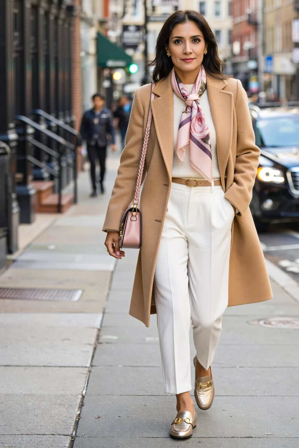 Camel coat with blush scarf and crossbody over white trousers, styled with metallic loafers for a polished city stroll look.
