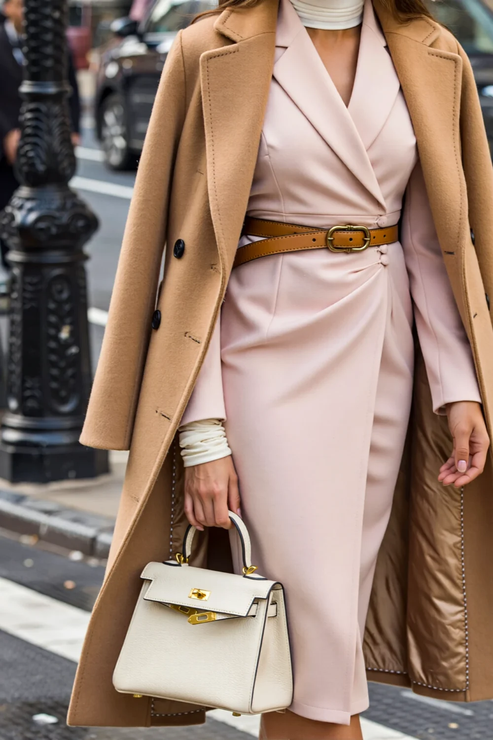 Blush dress with camel coat and ivory handbag, styled with a warm-toned belt for an elegant, elevated color trio street look