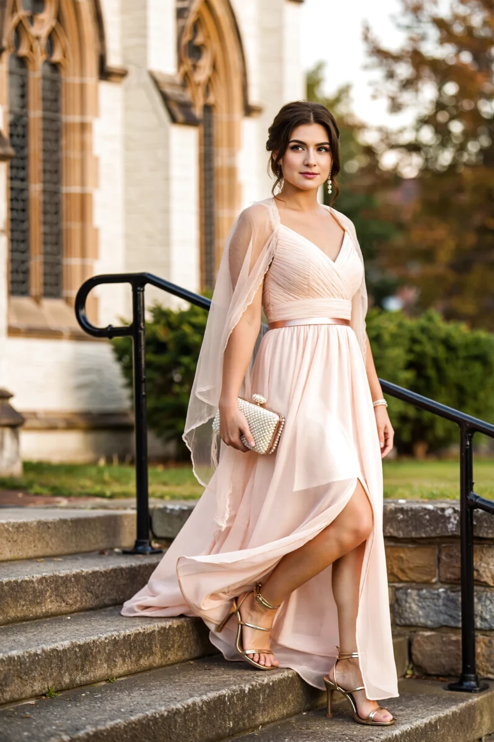 Woman descending stone steps in blush chiffon guest dress with empire waist, front slit and sheer organza wrap with pearl accents