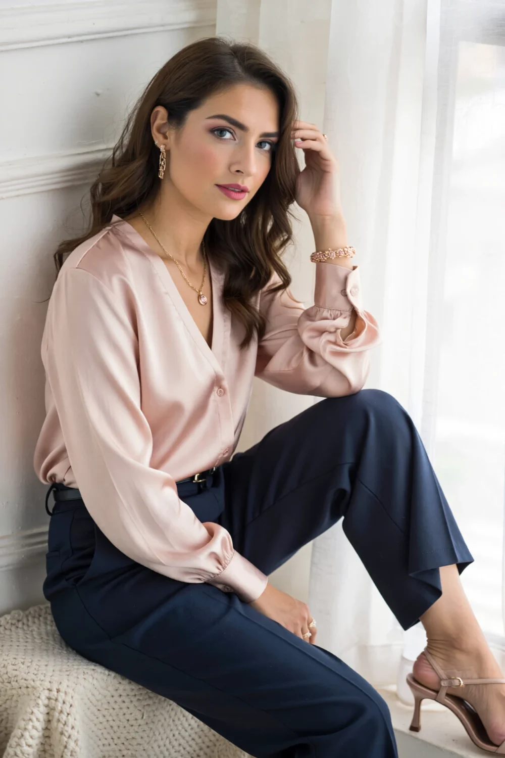 Model wearing a blush silk blouse tucked into navy pants with rose-gold jewelry and nude slingbacks, luminous contrast softly chic