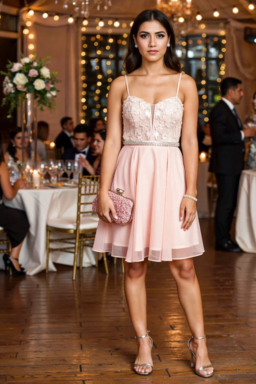 Woman in blush fit-flare mini with beaded lace bodice, chiffon skirt, spaghetti straps, crystal belt, silver heels, satin clutch