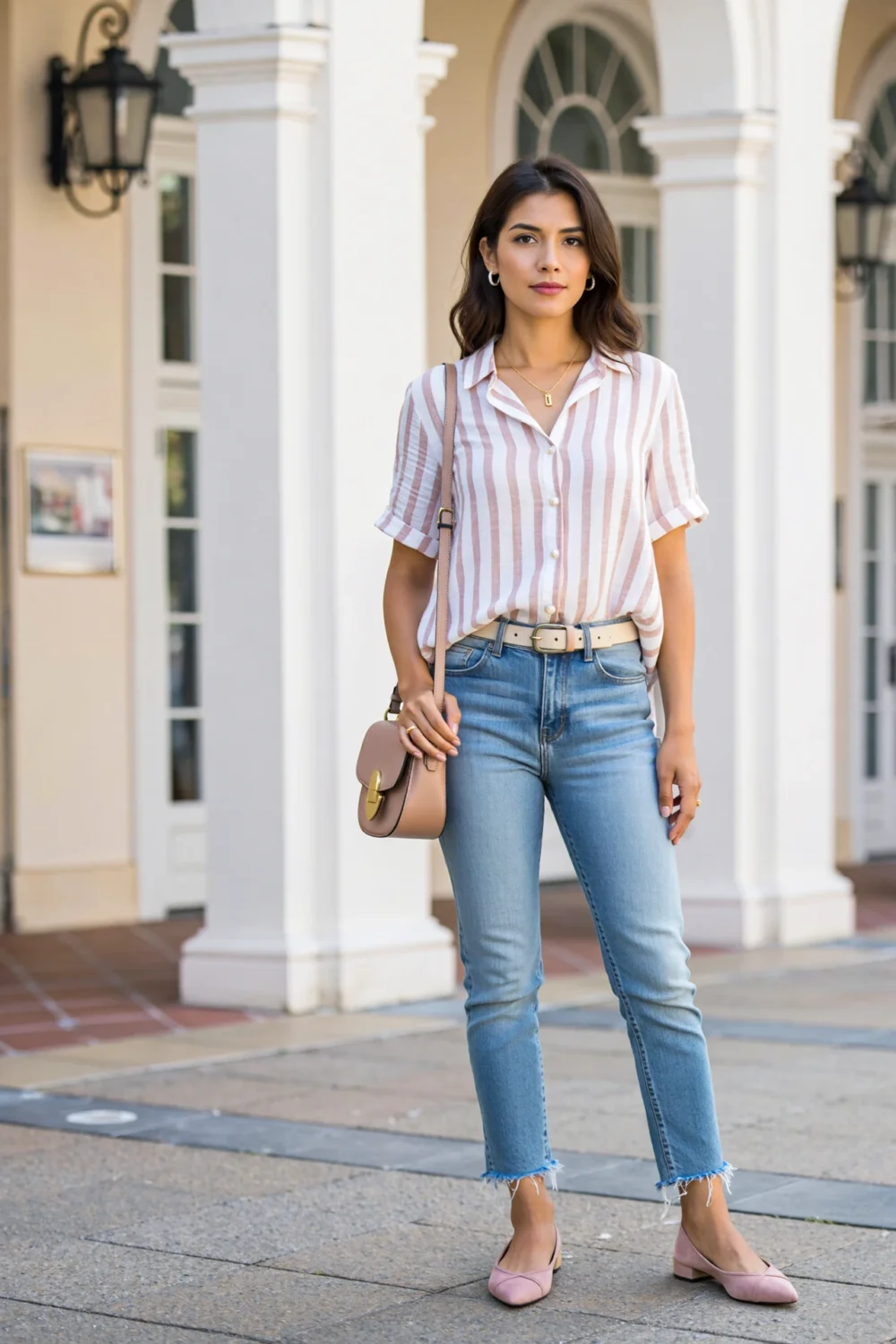 Woman in blush striped button-up, light-wash jeans and pink flats, creating a polished, conference-ready casual denim look