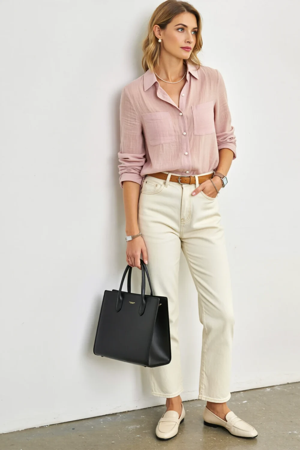 Woman in dusty pink button-up, cream straight-leg jeans, tan belt, loafers and black tote for a polished blush-and-cream look