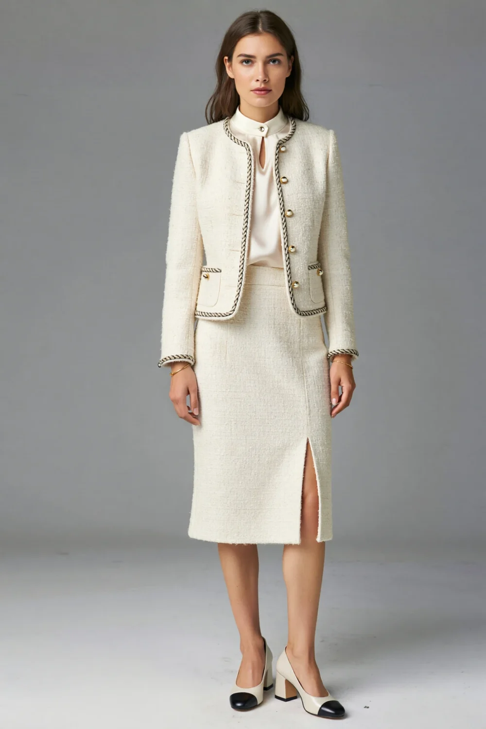 Cream bouclé skirt suit with high-neck silk shell and block heels, featuring a rounded jacket and below-knee skirt for polished elegance