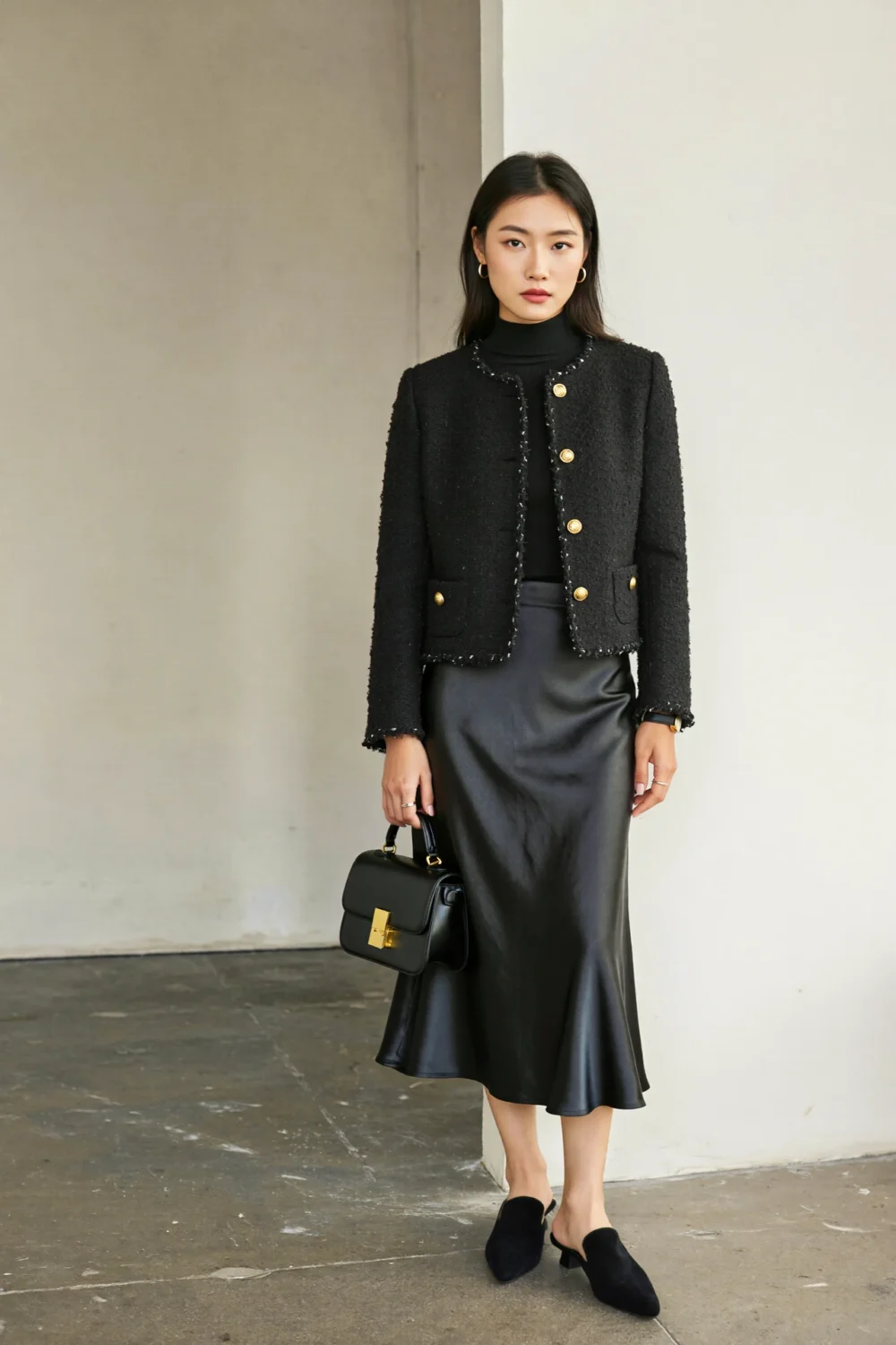 Woman in black bouclé jacket and satin midi skirt, carrying a structured handbag with pointed slingbacks for a polished monochrome look