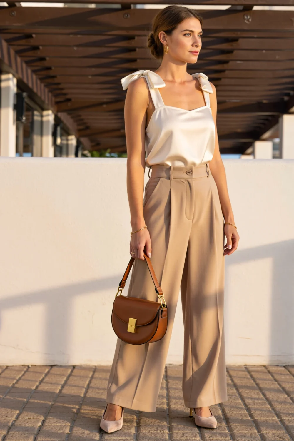 Woman in ivory bow-shoulder camisole and latte wide-leg trousers with cognac bag and nude heels, sunlit Riviera chic style