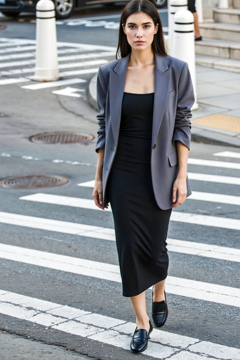 Woman on a crosswalk wearing a hip-length boyfriend blazer over black sleek dress, creating a modern androgynous smart-casual look