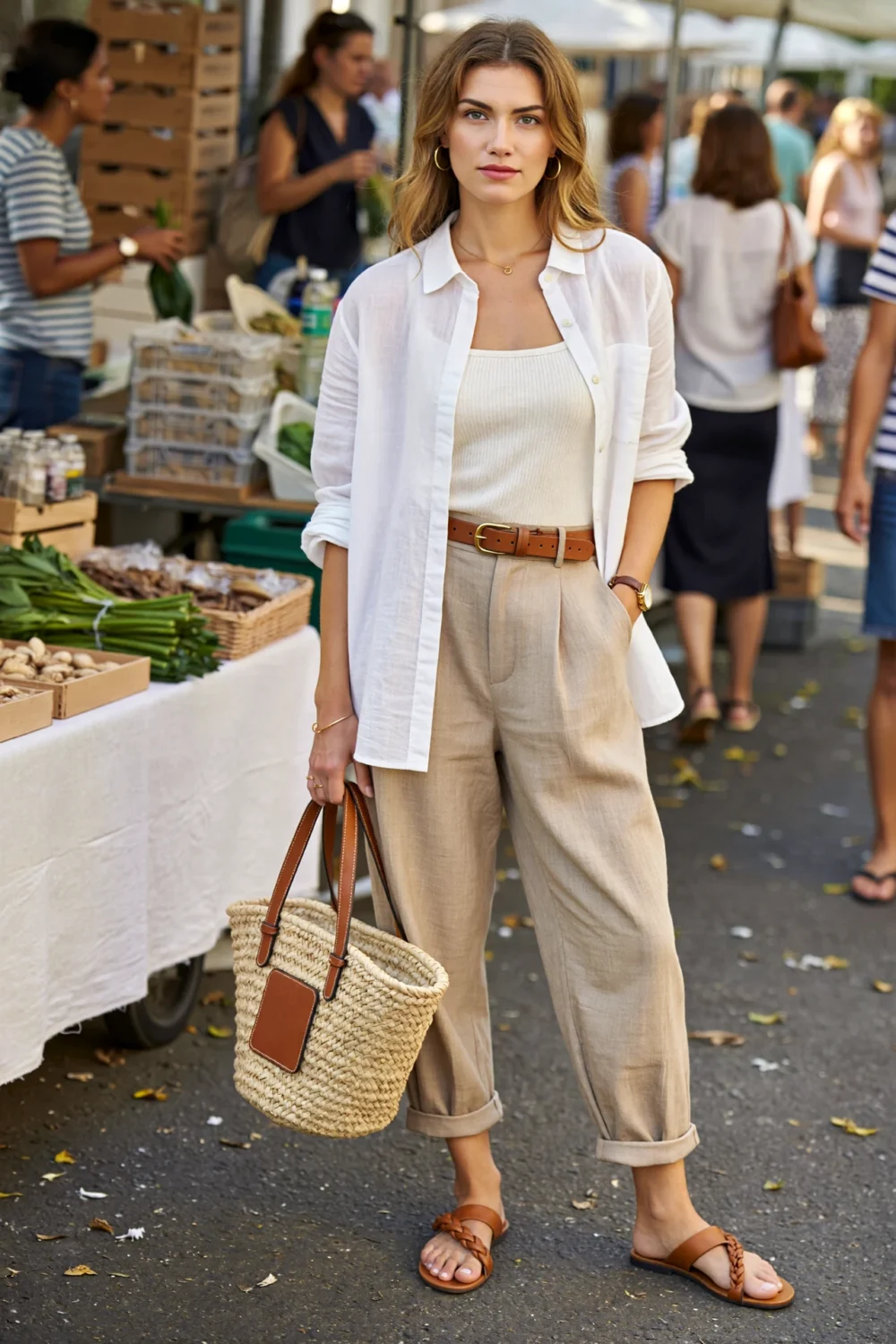 Woman in white poplin shirt and linen trousers at a sunny market, with cognac belt, tan slides, and straw basket tote 