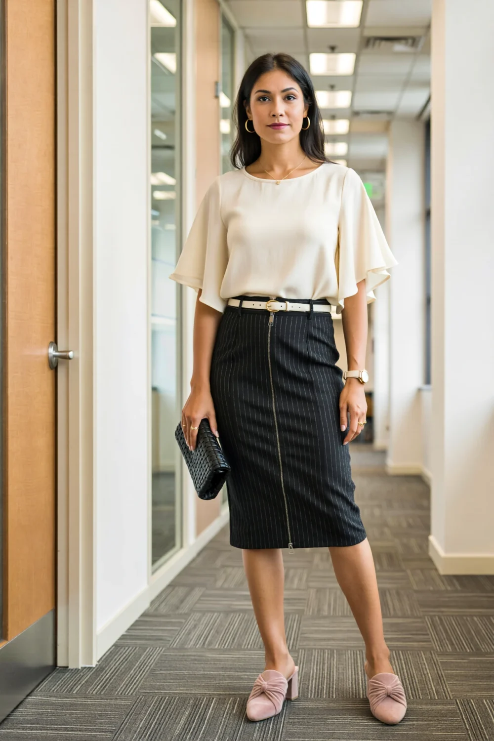 Cream flutter-sleeve top with black pinstripe pencil skirt, blush mules and woven clutch create a breezy polished office outfit