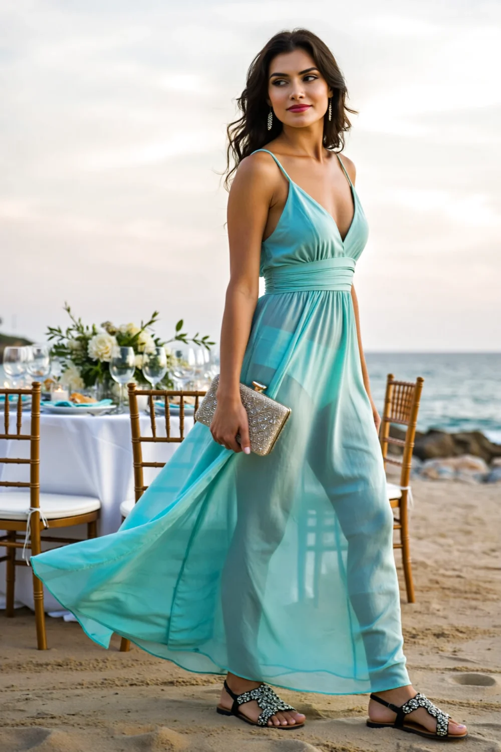 Woman in ocean-tone breezy summer maxi with secure straps and gold clutch, wearing embellished flat sandals at a beachside dinner.