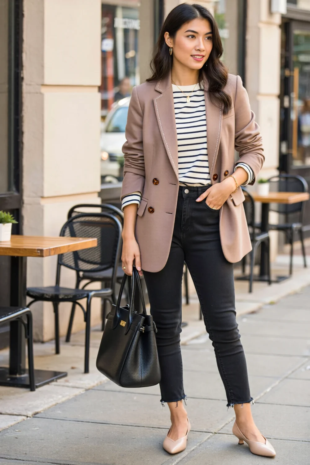 Taupe blazer over a Breton stripe tee, black skinny jeans, nude slingbacks, and a structured black tote for smart interview-ready style