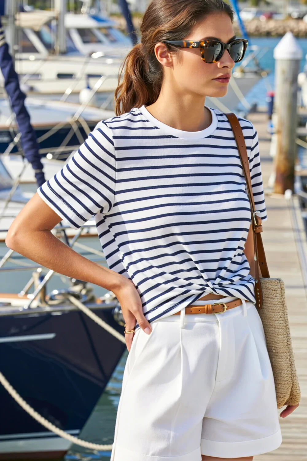 Woman in Breton stripe tee, tan belt, and white shorts by a marina, creating a timeless coastal-preppy summer outfit.