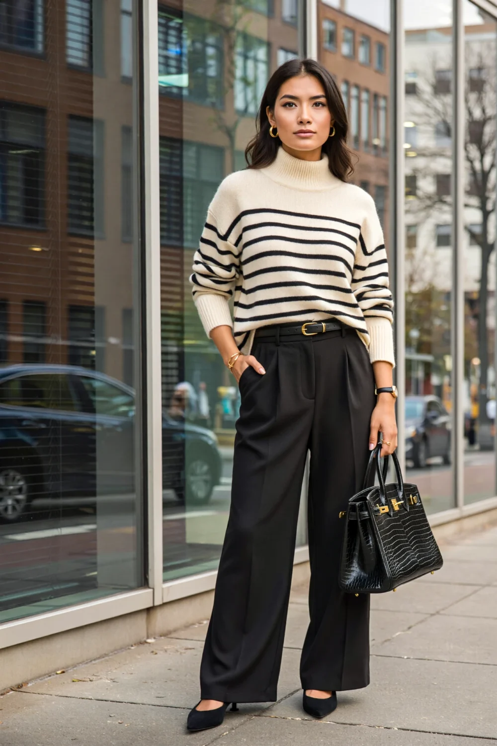 Breton stripe mock-neck sweater tucked into black wide-leg trousers, styled with heels and a structured bag for office chic