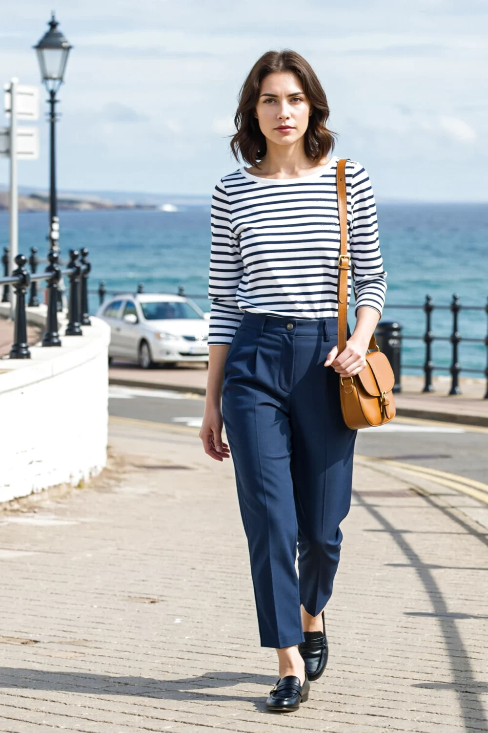 Woman in navy-and-white Breton stripe top with blue tailored trousers, loafers and tan saddle bag, walking by the seaside promenade