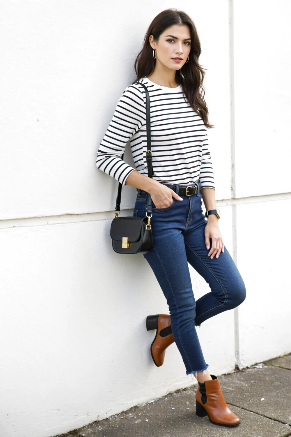 Model leaning on white wall in a Breton tee with black and white stripes, dark sleek skinnies, gold hoops and cognac ankle boots