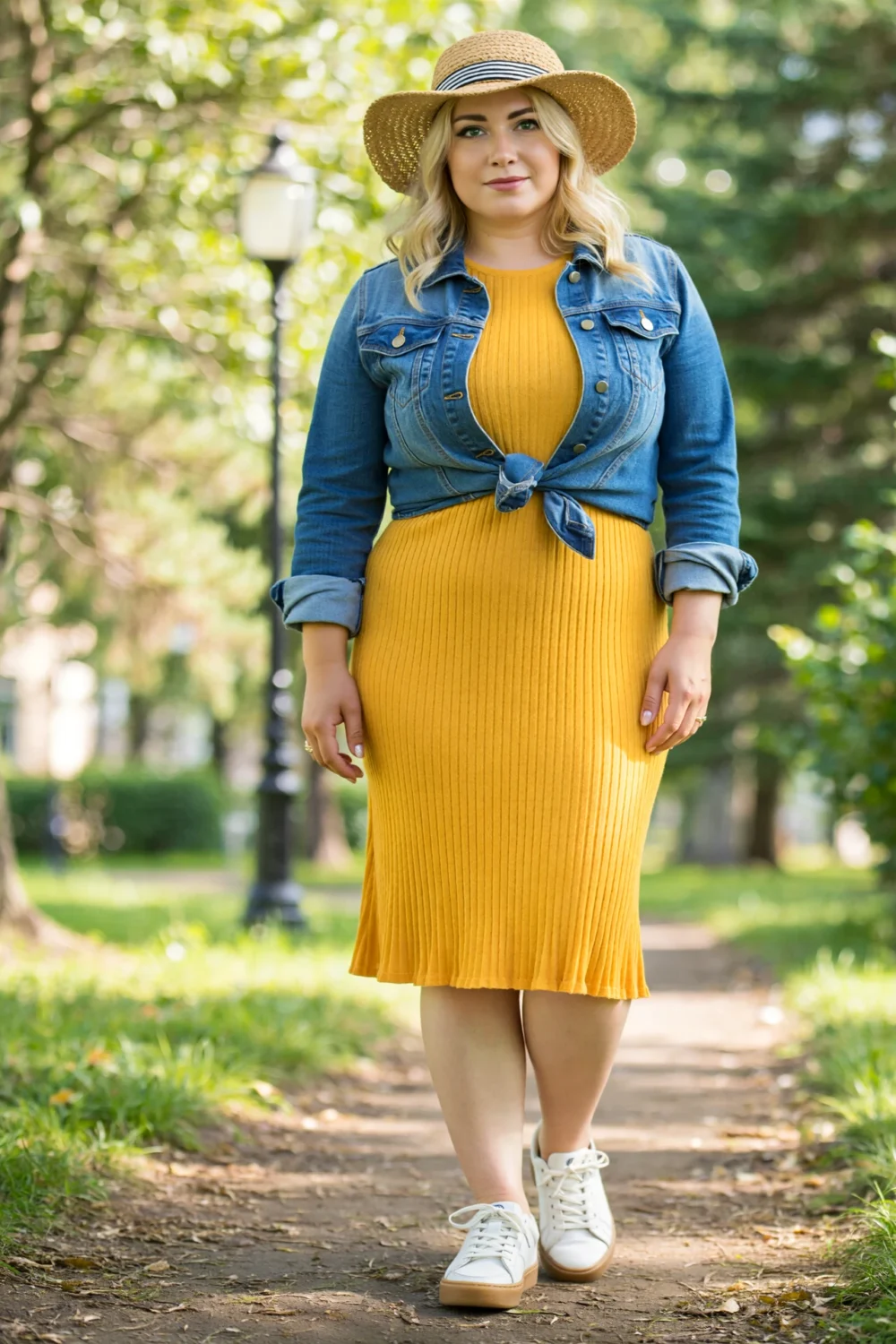 Bright yellow ribbed knit midi with tied denim jacket, straw packable hat, and white trainers for a sporty, travel-ready look