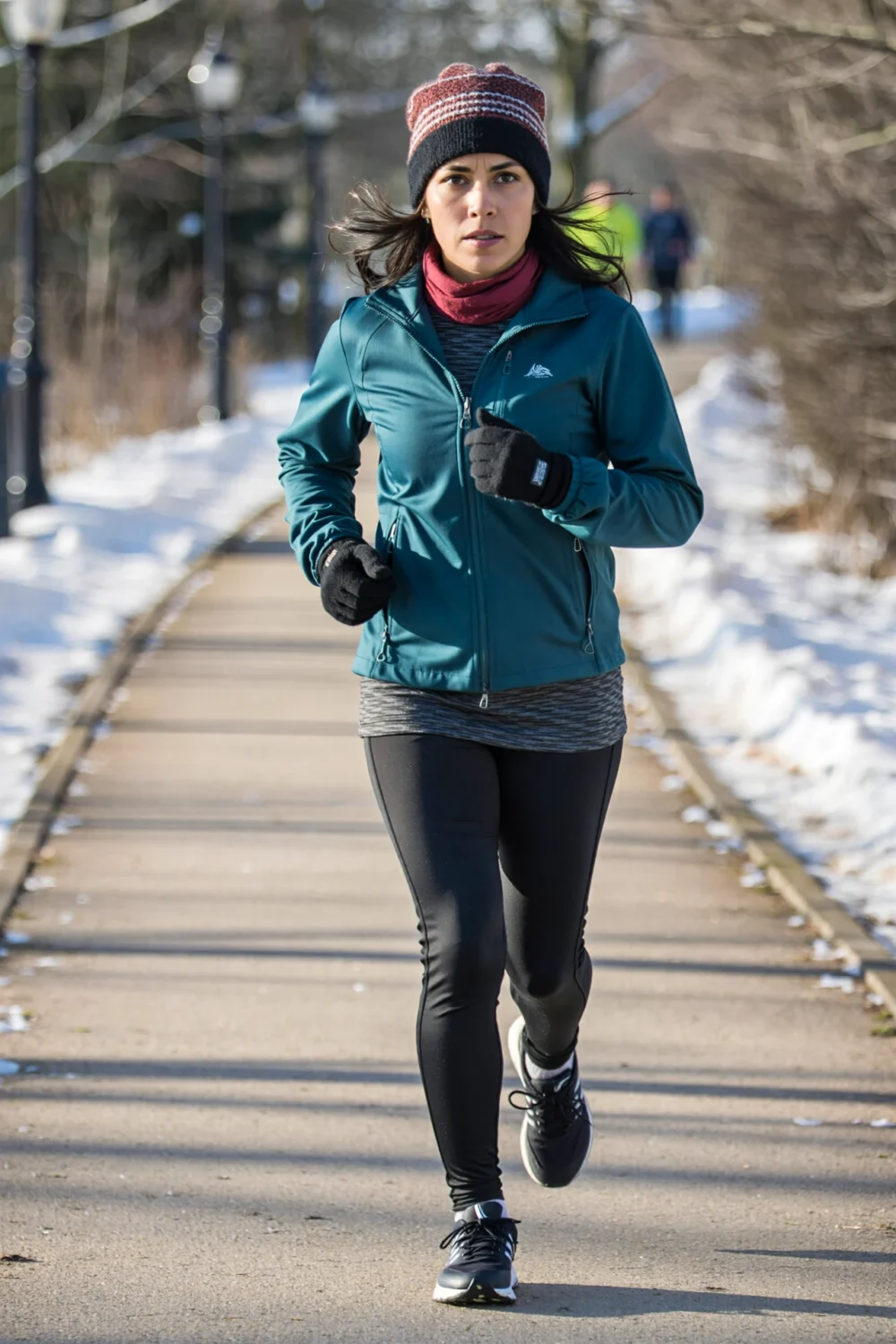 Woman jogging on snow-lined path in a teal windproof shell over a thermal base and leggings, beanie, mittens and waterproof shoes