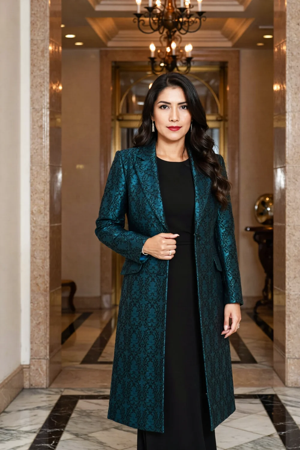 Woman in teal brocade evening coat with subtle sheen over simple black gown, standing in an ornate marble lobby under chandeliers