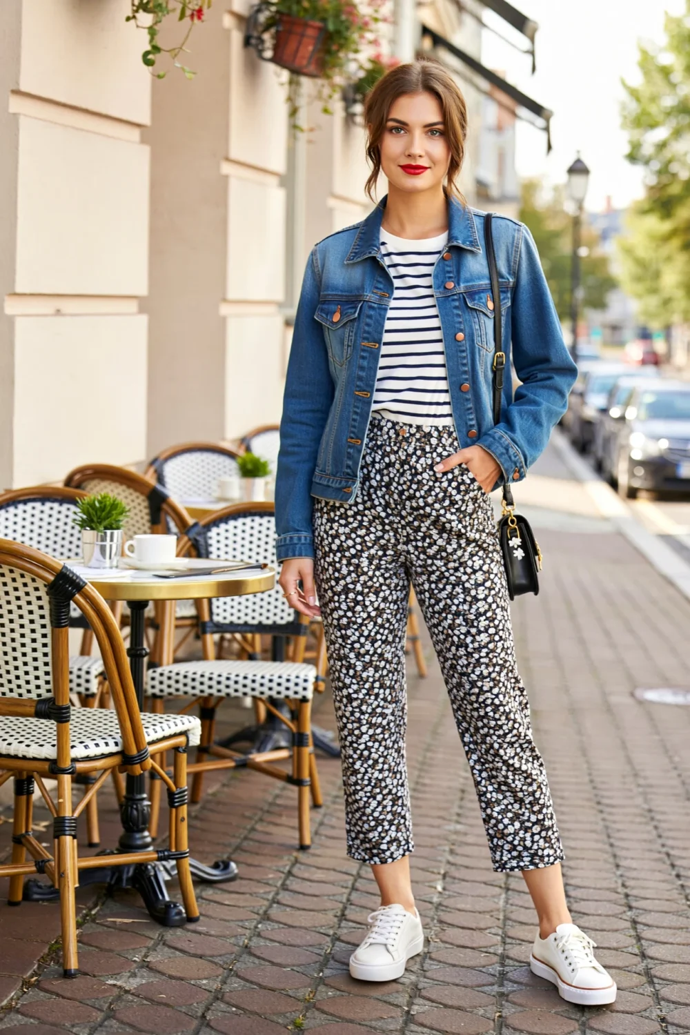 Woman in Breton stripe tee, denim jacket, floral cropped pants and white sneakers, styled for a chic weekend brunch stroll outdoors