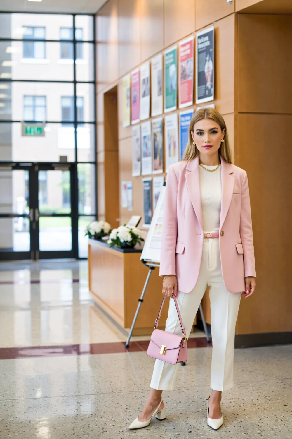 Bubblegum pink blazer with ivory trousers and pink belt, worn with a white top and handbag in a bright university hallway lobby setting