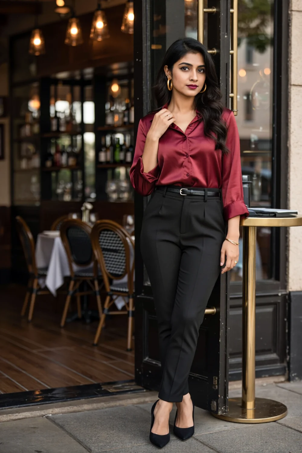 Woman in burgundy silk blouse tucked into high-waist black pants with slender belt, gold hoops and black pumps at a bistro ready.