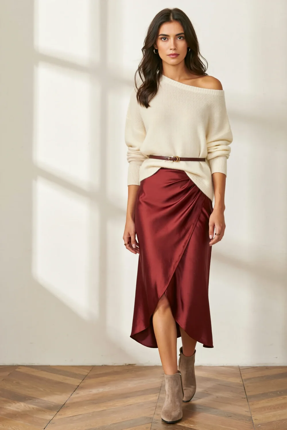 Creamy off-shoulder sweater with slim belt and burgundy satin slip skirt, styled with suede ankle boots for a romantic festive look