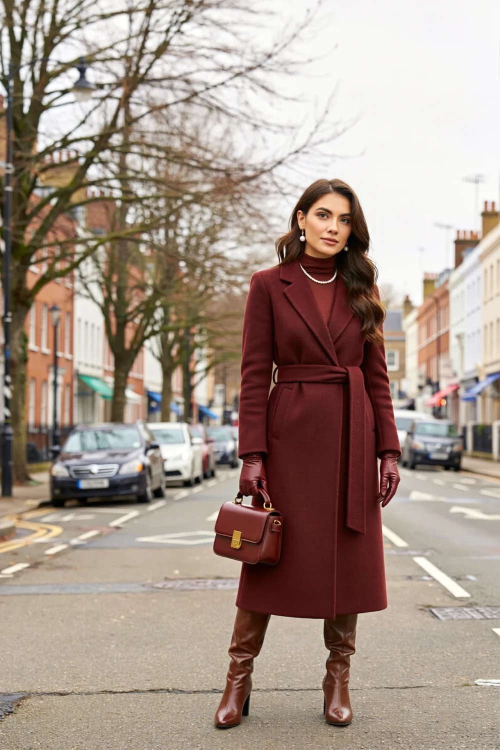 Woman in burgundy tailored coat, gloves and knee boots, standing on a city street with a matching handbag in a rich tonal winter look