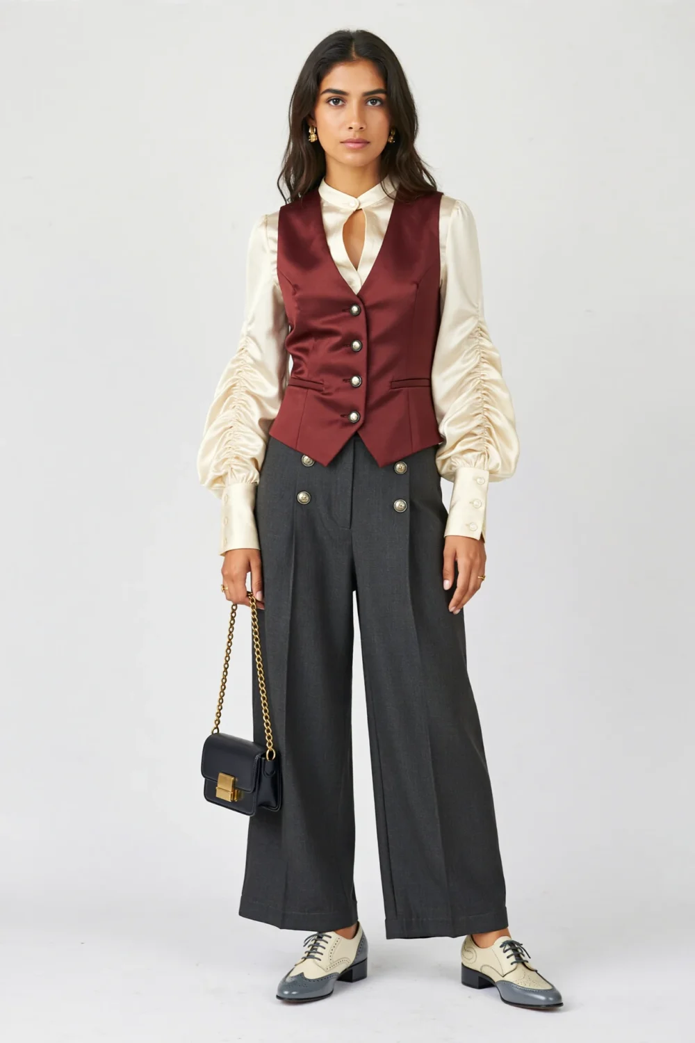 Model in burgundy waistcoat, poet blouse, and charcoal sailor trousers with wide-leg fit, for a tailored romantic chic look.