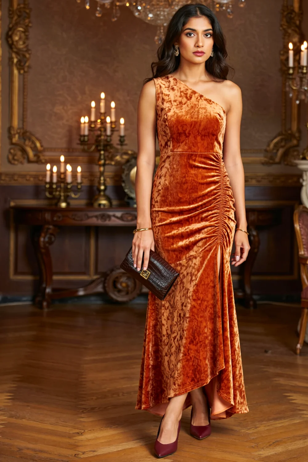 Model in a burnished orange one-shoulder velvet tea-length gown with ruching and bias-cut skirt, styled for autumn formal elegance.