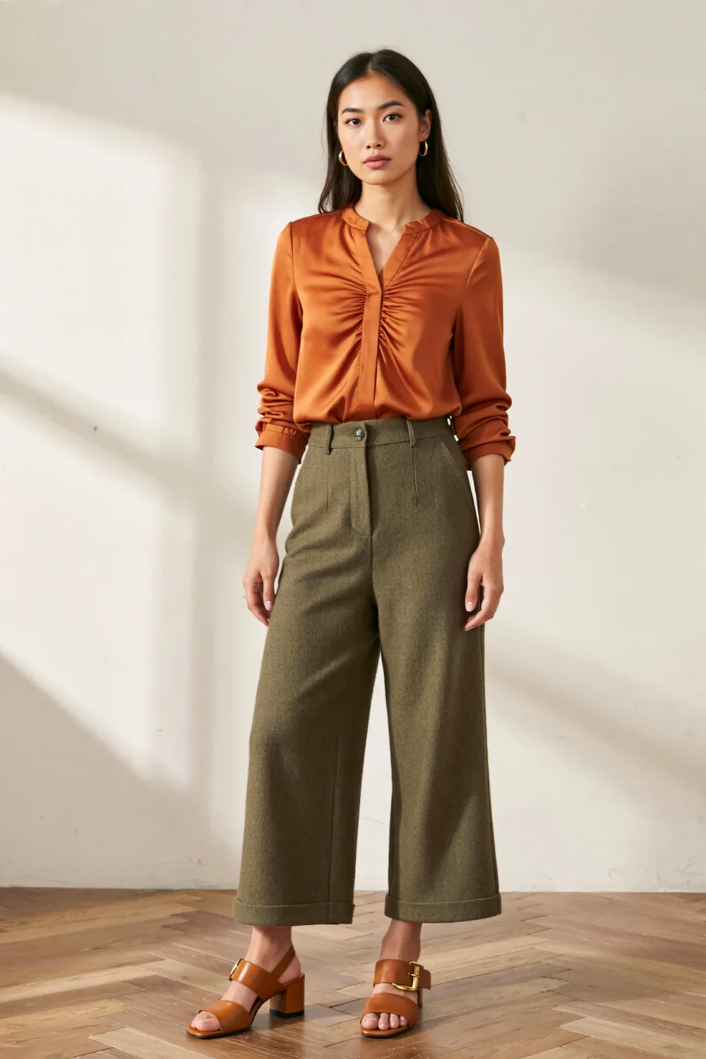 Burnt orange pintuck blouse with olive wide-leg pants and tan block heels for an earthy, polished seasonless outfit