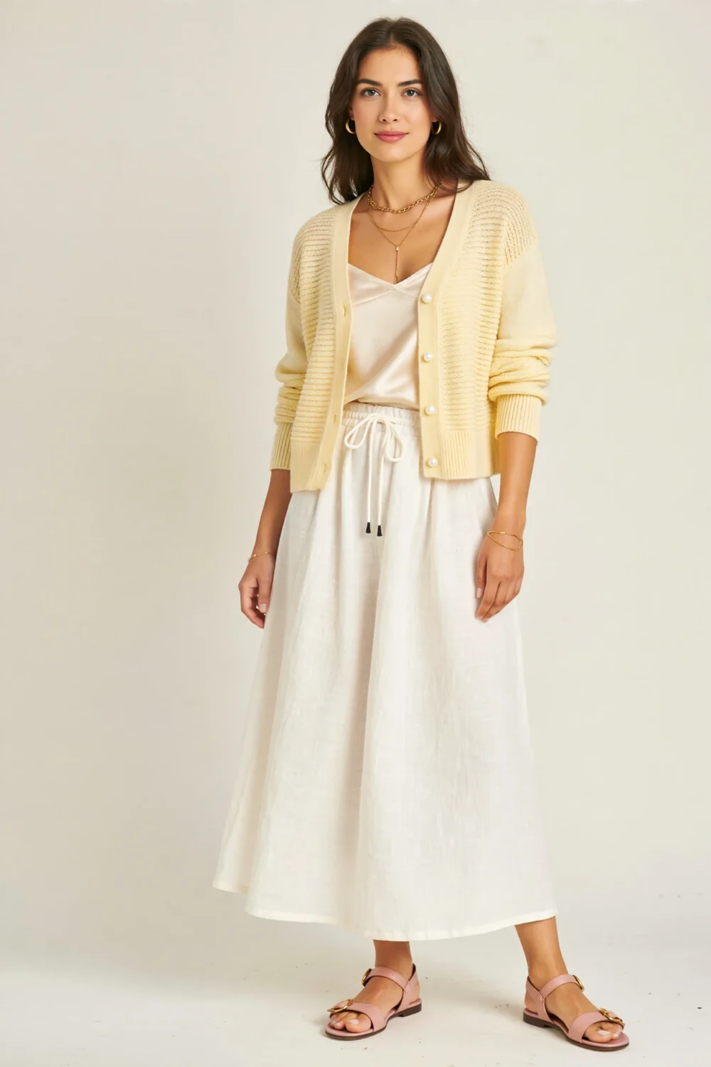 Woman in butter-yellow cardigan, silky cami, white linen maxi skirt, and blush sandals, styled with gold chain jewelry for brunch-ready ease