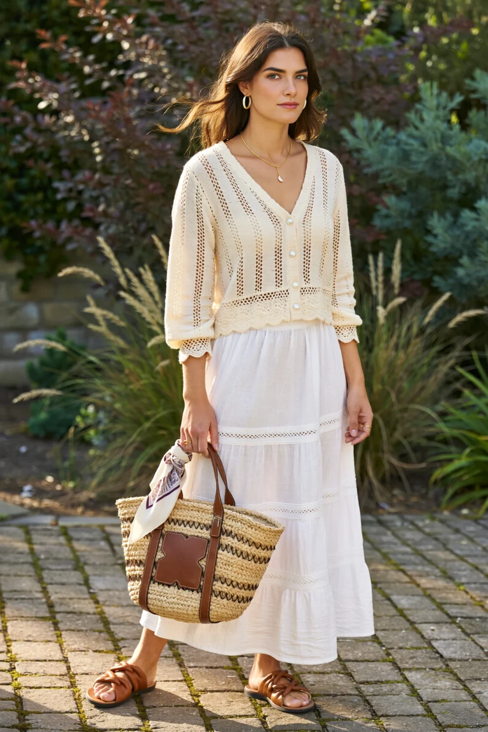 Woman in buttercream knit cardigan and white tiered maxi skirt, carrying a woven tote and tan slides in a sunlit garden setting
