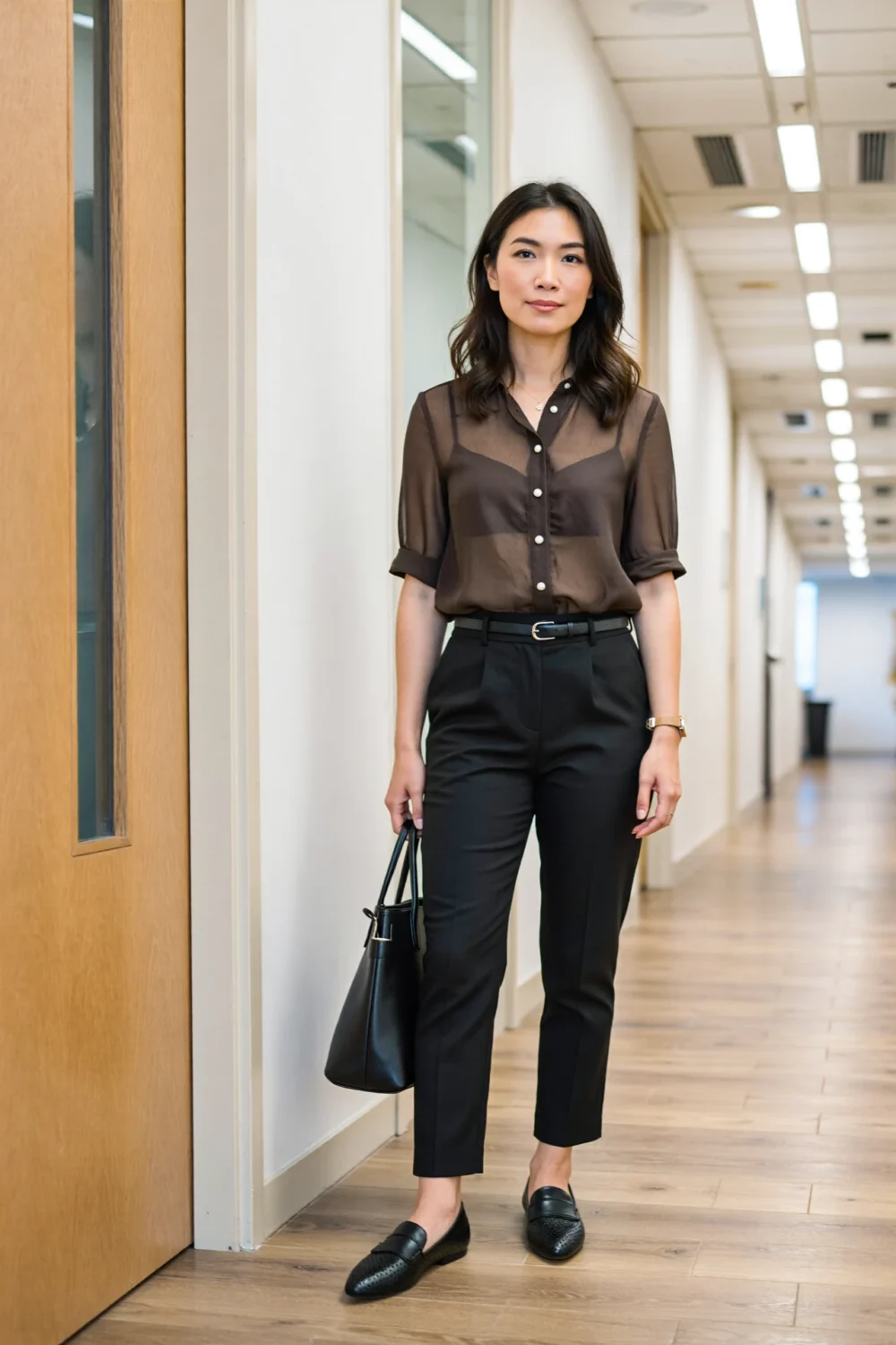Woman in a crisp button-up with ankle-length tailored pants and pointed flats, creating a polished interview-ready office outfit