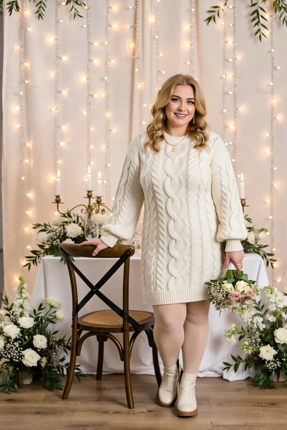 Bride in winter-white cable-knit sweater dress, midi length, holding bouquet amid fairy lights, candles and floral décor, cozy