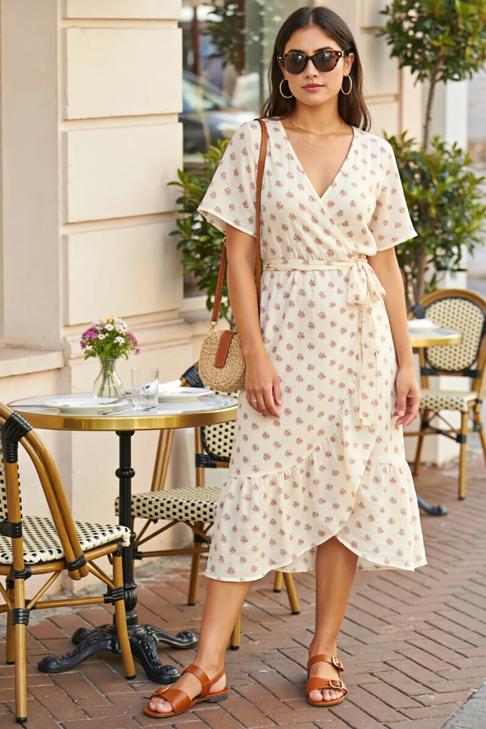 Cream wrap midi dress with tiny rosebuds, flutter sleeves, waist tie, caramel sandals and raffia bag for a Paris café brunch look