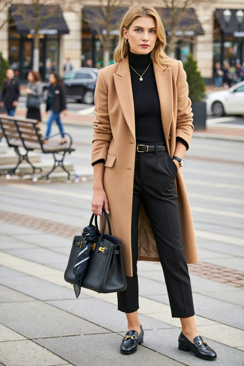 Camel blazer over black with straight trousers and loafers, a polished winter work conference outfit with city sleek style
