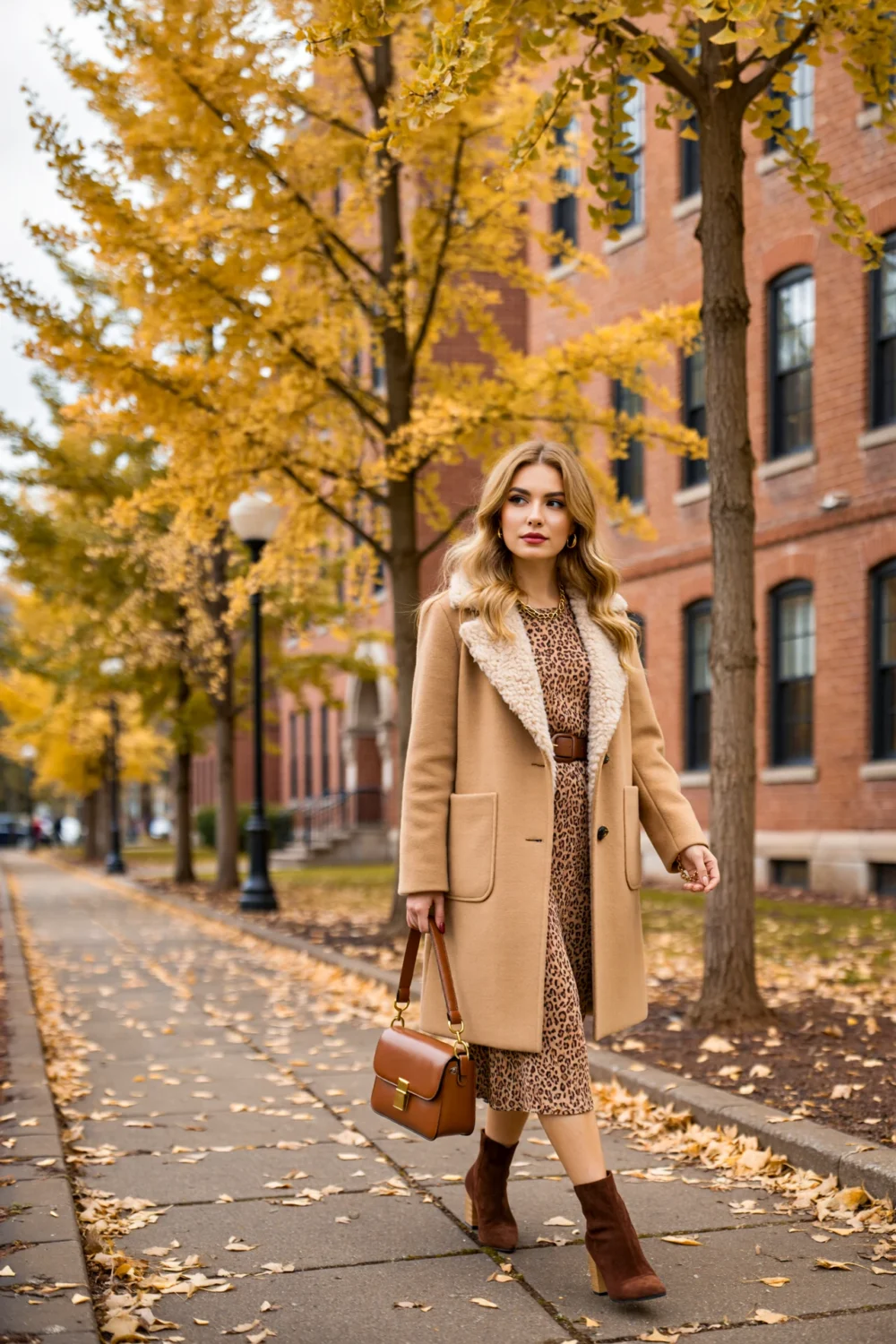 Woman in camel wool coat with shearling collar over muted cheetah midi dress, walking an autumn campus path, holding handbag.