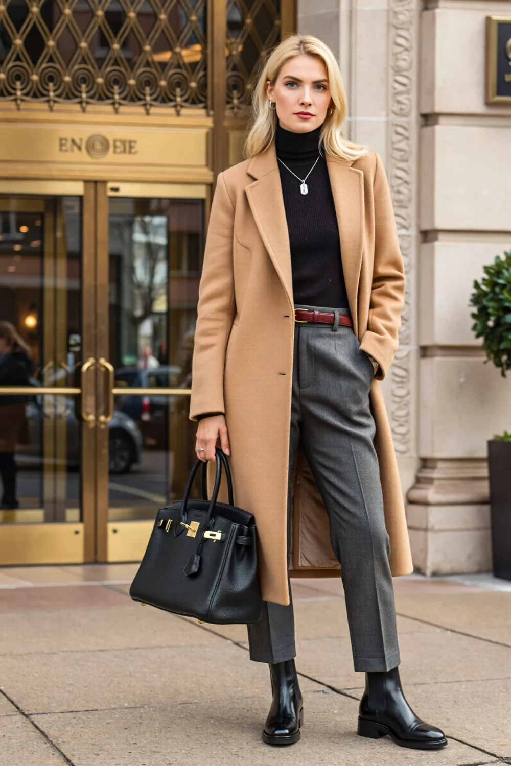 Blonde woman in camel coat, black knit and gray trousers with oxblood belt, carrying a black bag and Chelsea boots, polished winter look