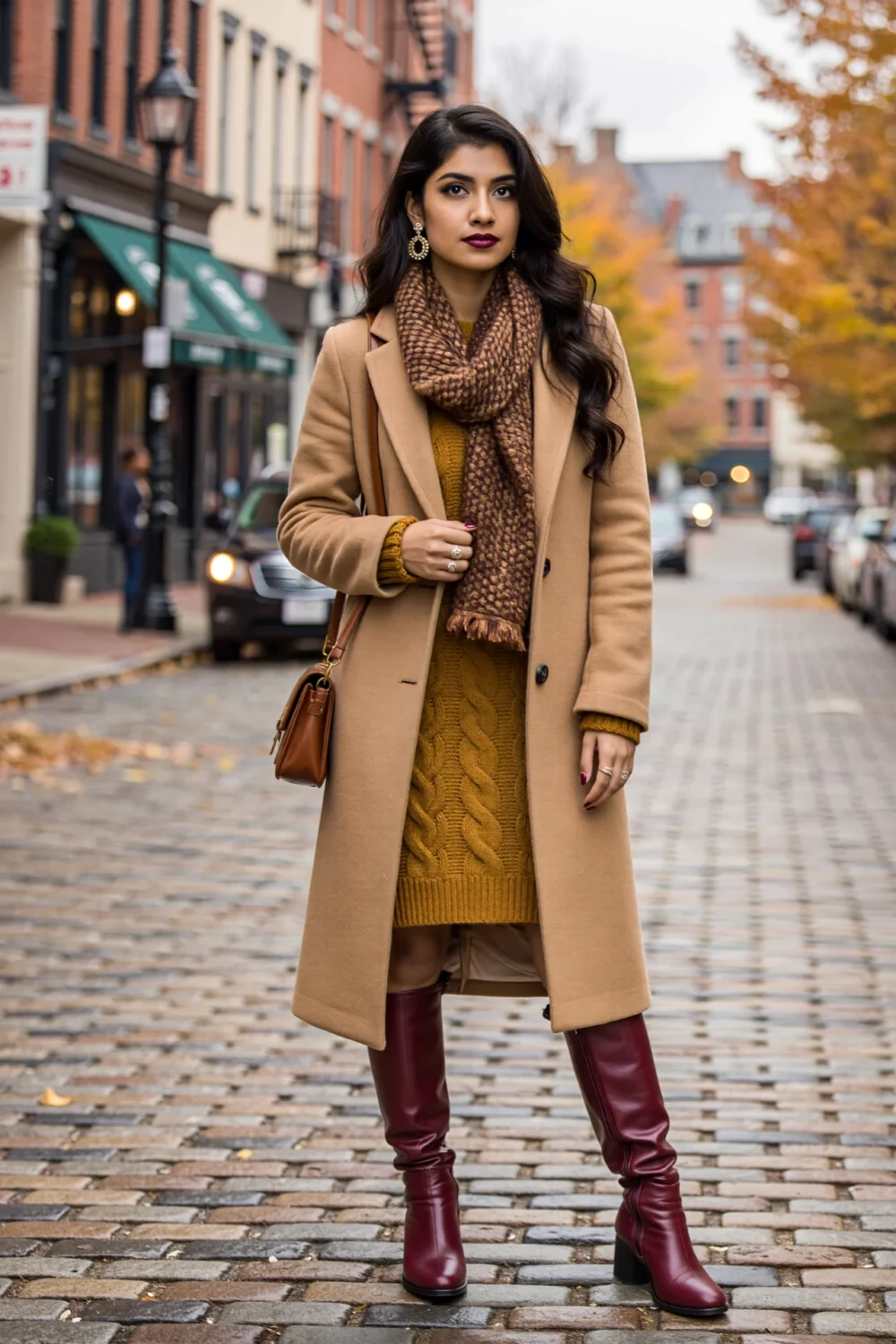 Camel coat and textured knit dress with patterned scarf and burgundy knee boots on a cobblestone autumn street, luxe layered look