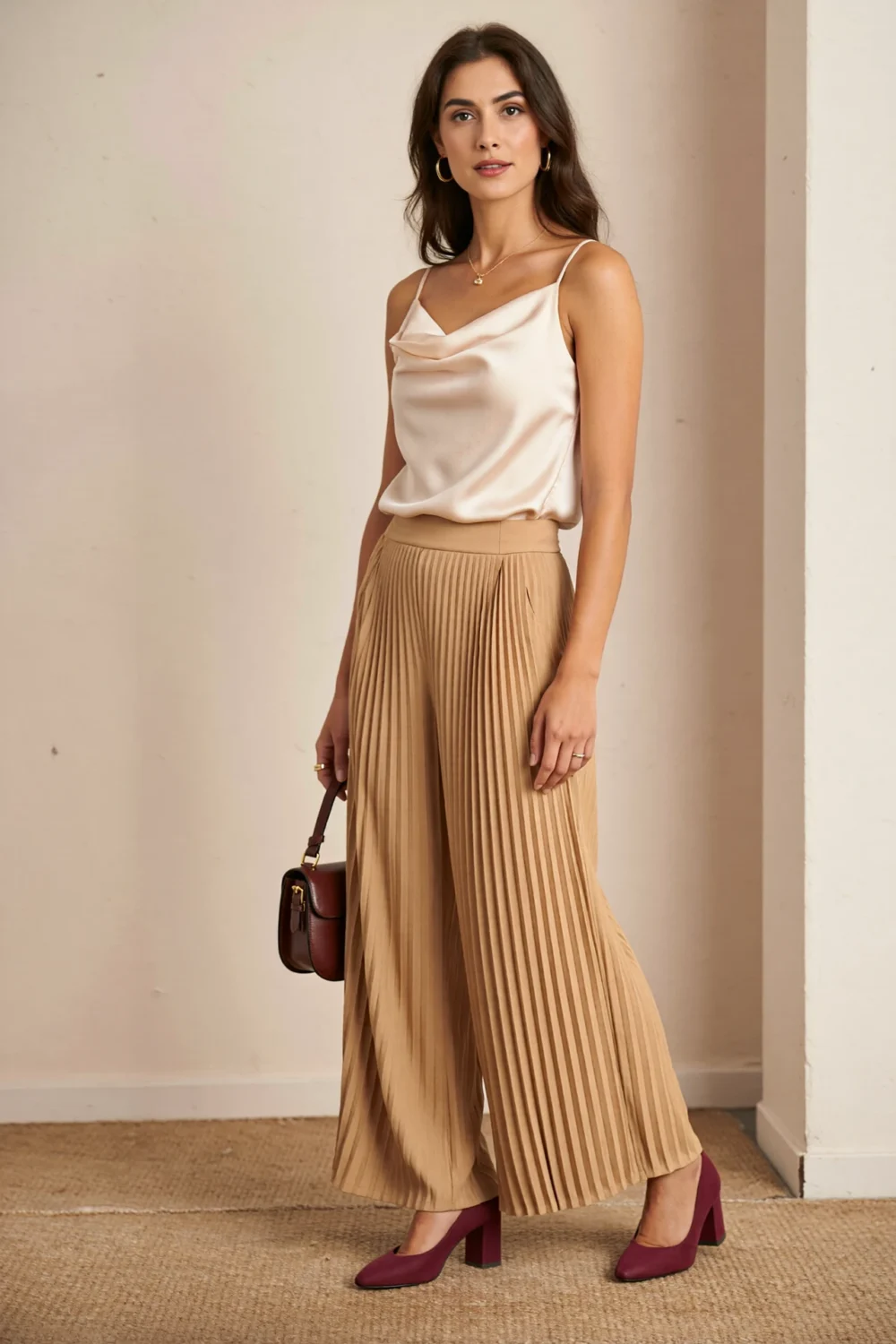 Woman in camel pleated pants, silk cowl top and subtle jewelry, carrying a retro small bag and wearing burgundy block-heel pumps.