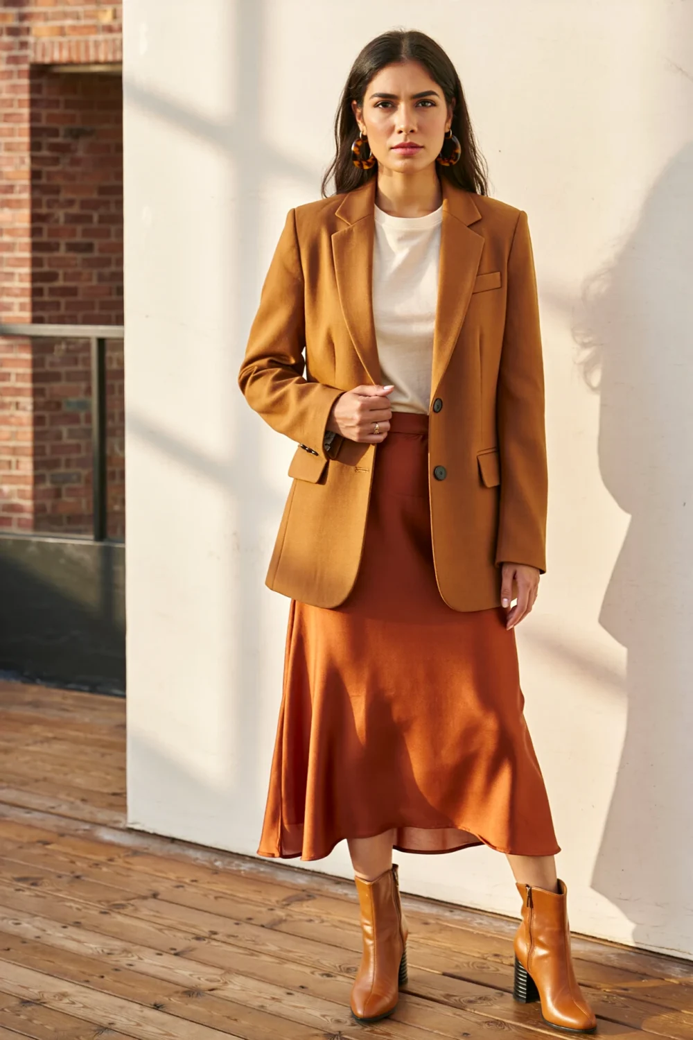 Camel blazer over ivory tee and rust satin slip skirt create a polished autumn office look with warm, fluid movement and sheen.