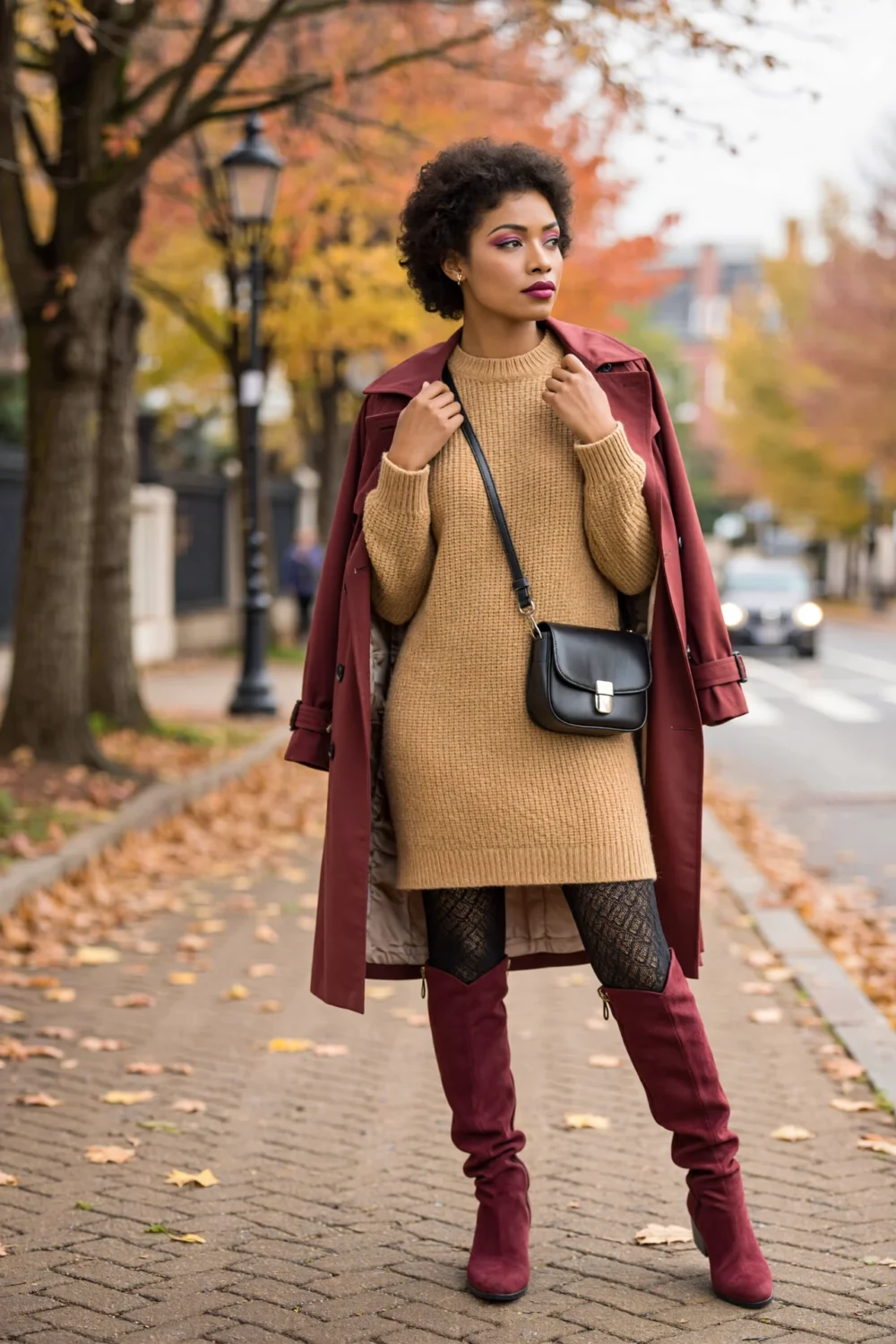 Woman in a camel sweater dress, tonal burgundy trench and burgundy knee-high boots with patterned tights and a black leather bag.
