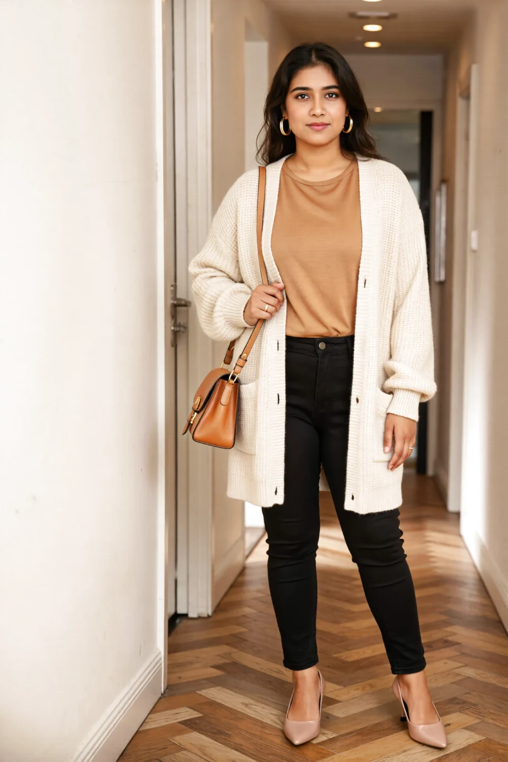 Woman in a camel tee, cream cardigan and black jeans wearing nude pumps, tan shoulder bag and gold hoop earrings for cozy-neutral