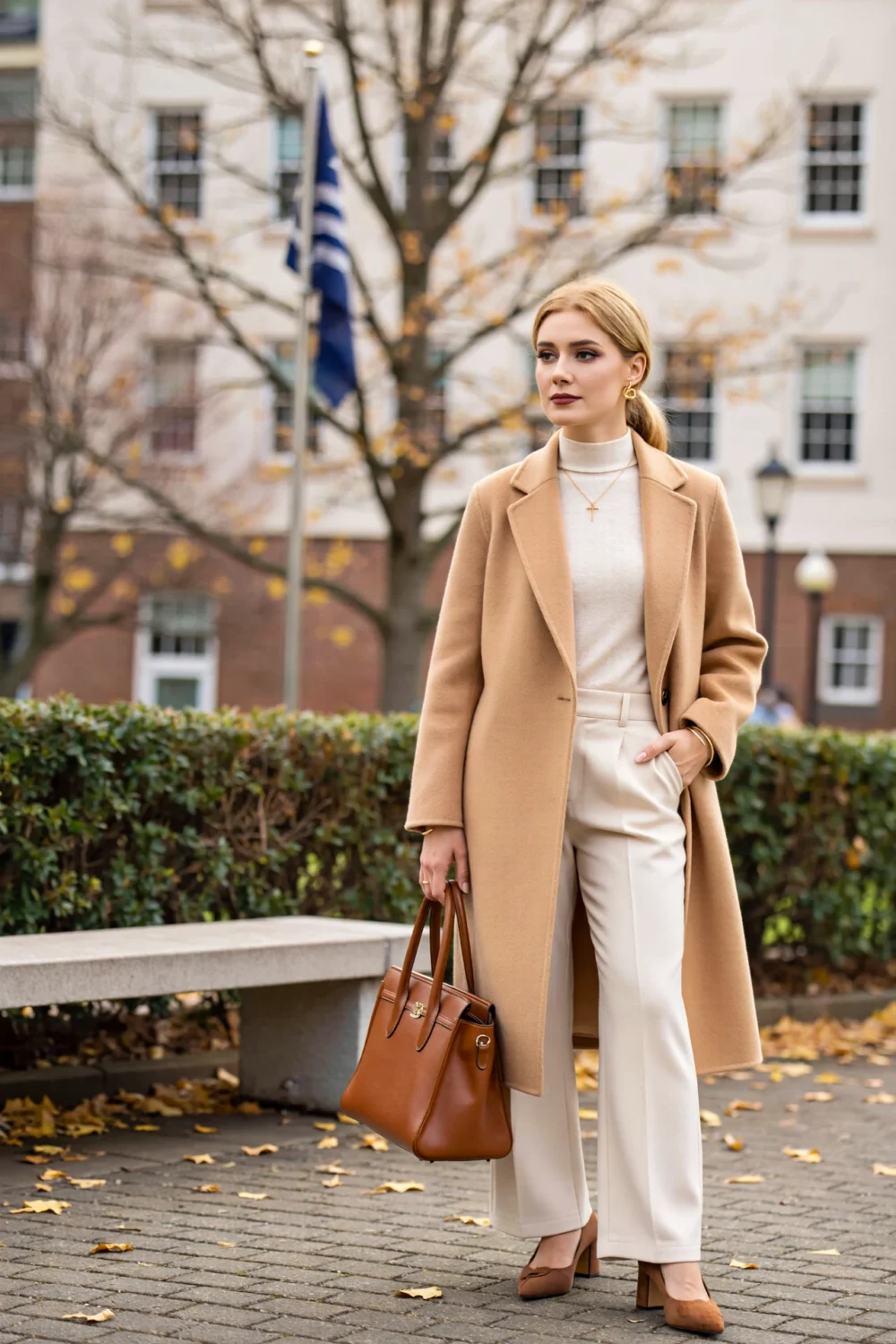 Woman in camel wool coat with ivory turtleneck and cream trousers, carrying a tan leather bag in elegant tonal workwear style