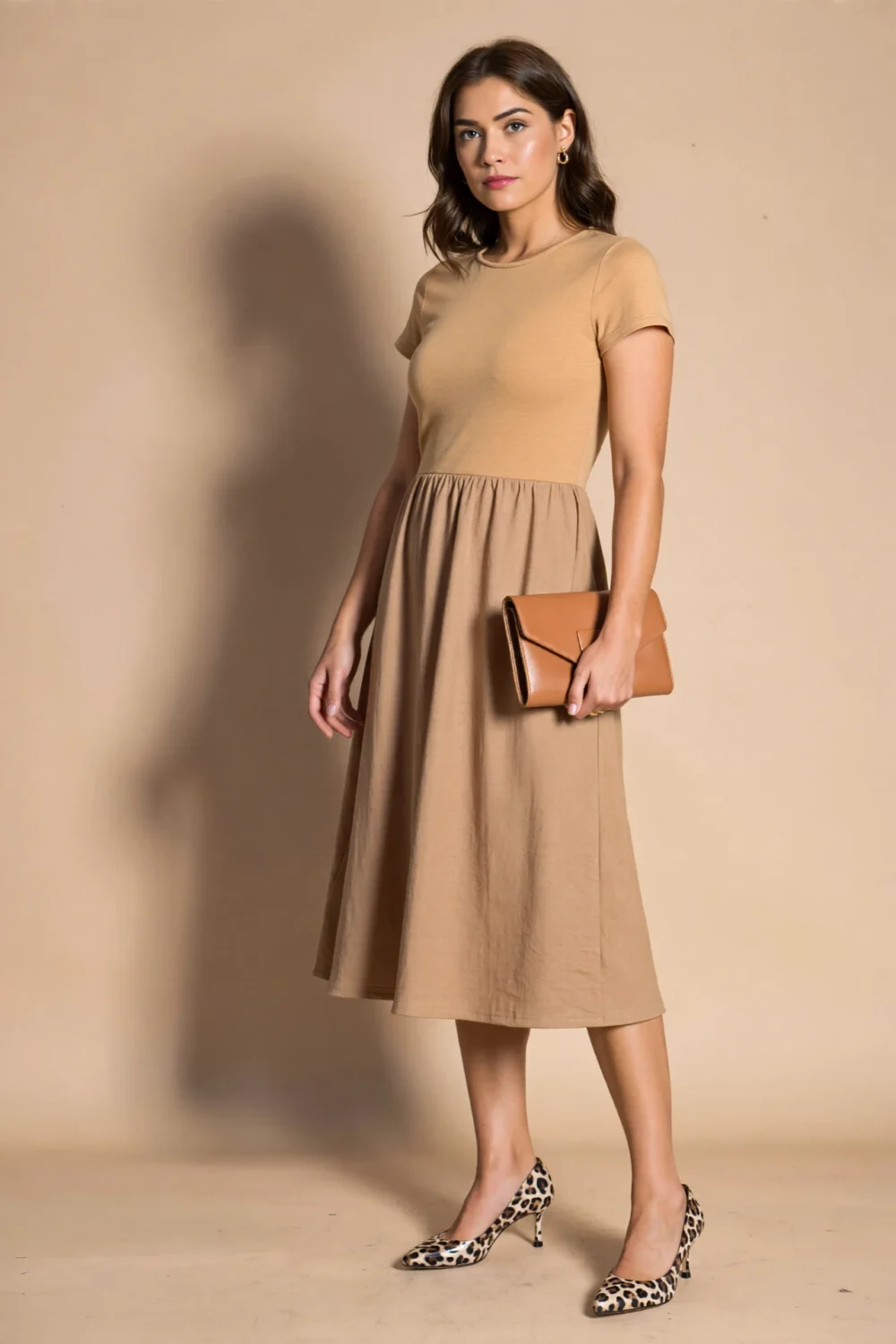 Woman in a camel tan-beige midi dress holding a tan clutch, wearing leopard-print heels that elevate a simple polished outfit.
