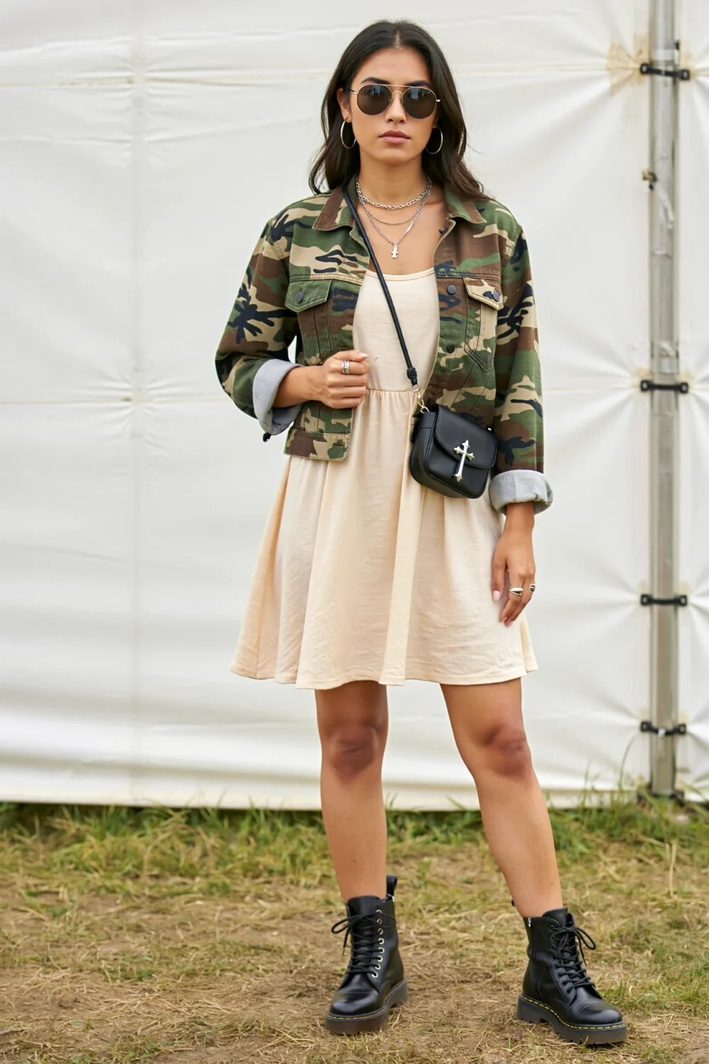 Woman in cream mini dress with cropped camo jacket, combat boots, sunglasses and silver chains, a casual edgy street style look