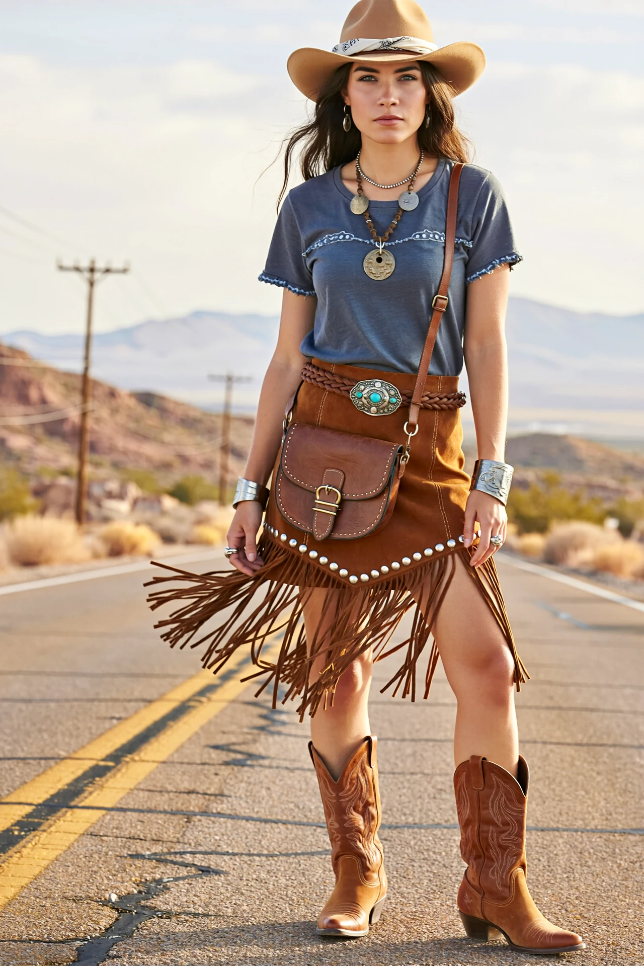 Cowgirl in suede fringe mini, band tee, rancher hat, turquoise belt, and Western boots posing on a desert road at sunset outdoors
