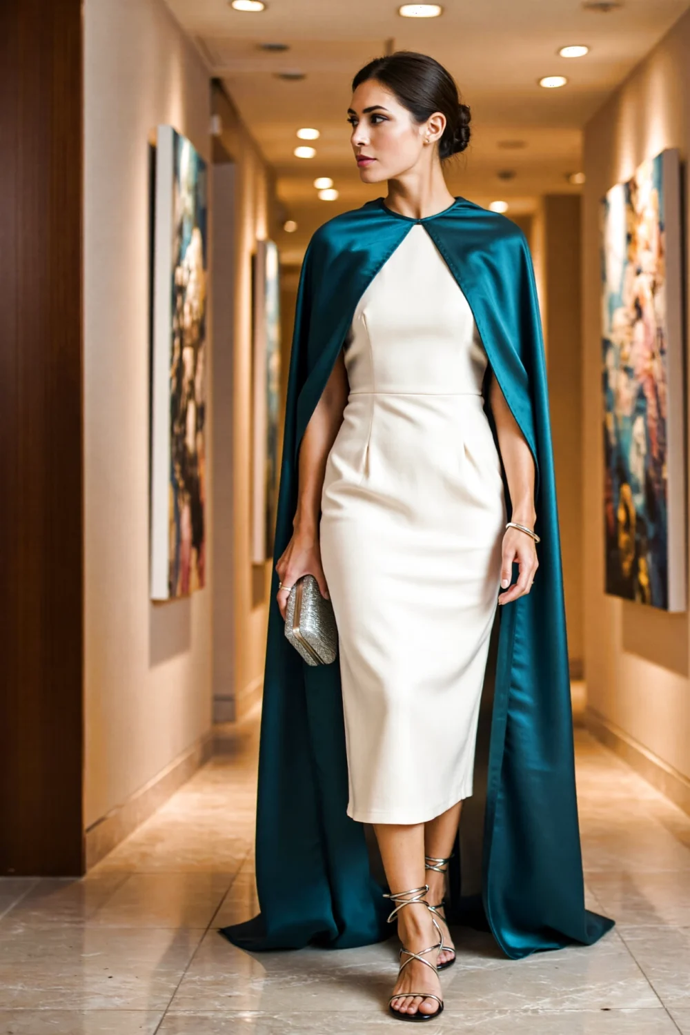 Model in a cream column sheath midi with a flowing teal cape-back capelet, clutch in hand and strappy heels for a rehearsal dinner.